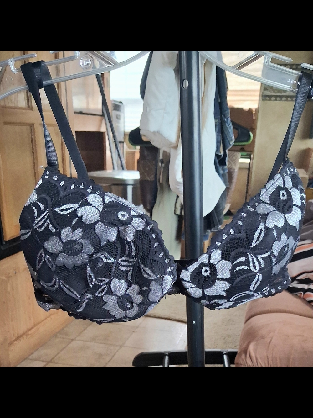 Black Lace Bra with Silver Floral Embroidery Push Up